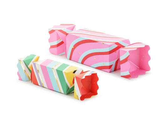 Set of two candy stripe gift boxes in colourful patterns, festive packaging shipping across Canada.
