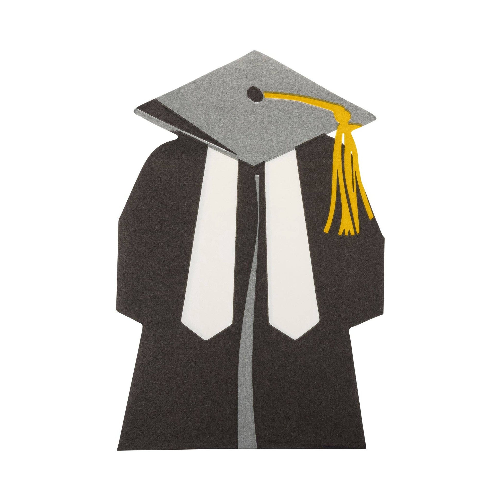 Graduation cap and gown shaped paper napkin in black, white, and gold
