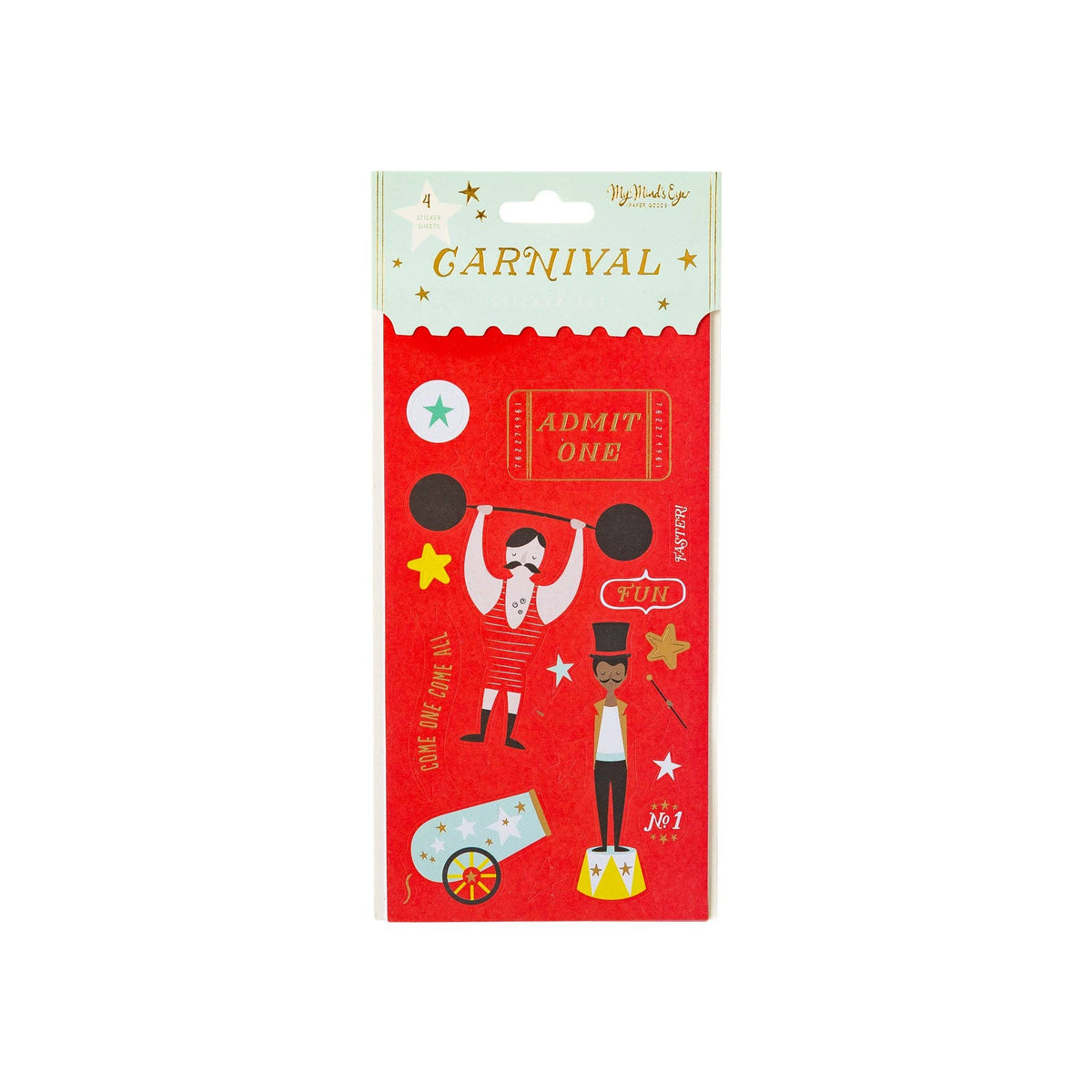 My Mind's Eye Carnival Party Sticker Set featuring colourful circus performers, Admit One tickets, stars and gold foil accents. Pick up in Toronto + Canada-wide shipping available.
