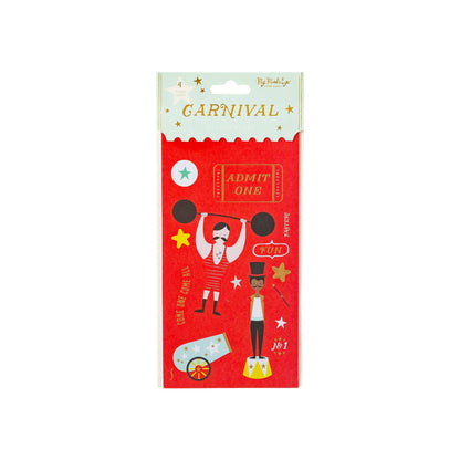 My Mind's Eye Carnival Party Sticker Set featuring colourful circus performers, Admit One tickets, stars and gold foil accents. Pick up in Toronto + Canada-wide shipping available.