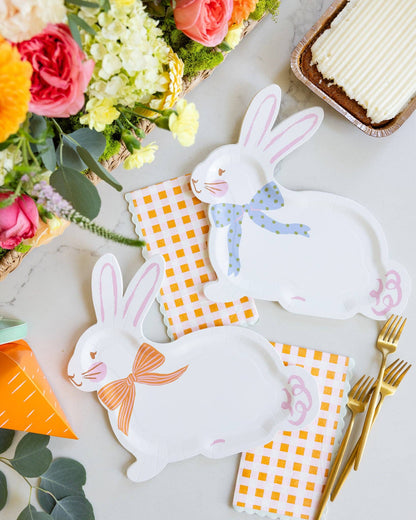 Carrot patch gingham dinner napkins styled with bunny plates for an Easter table, sold in Toronto at Confetti My Party
