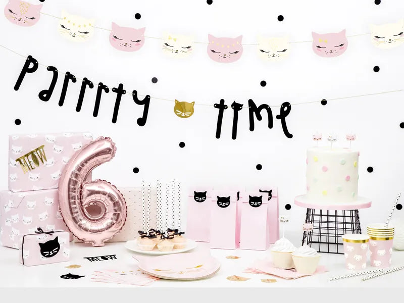 cat themed party inspo featuring cat gift wrap