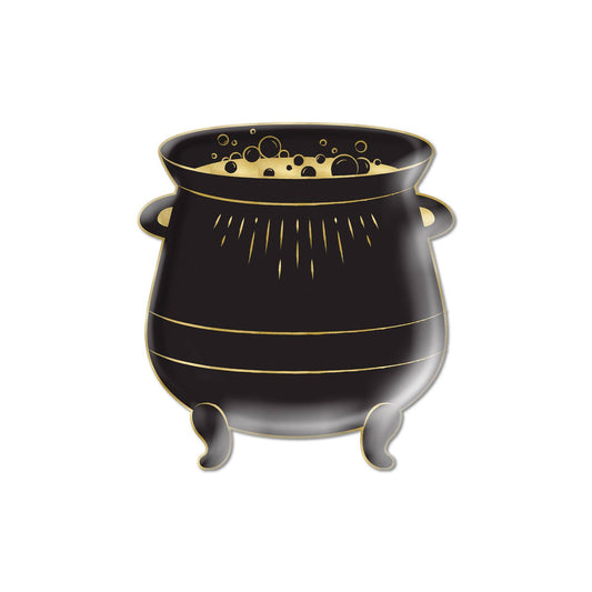 Black cauldron shaped Halloween paper plates with gold foil details