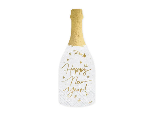 champagne bottle shaped napkins. Gold script: "Happy New Year"