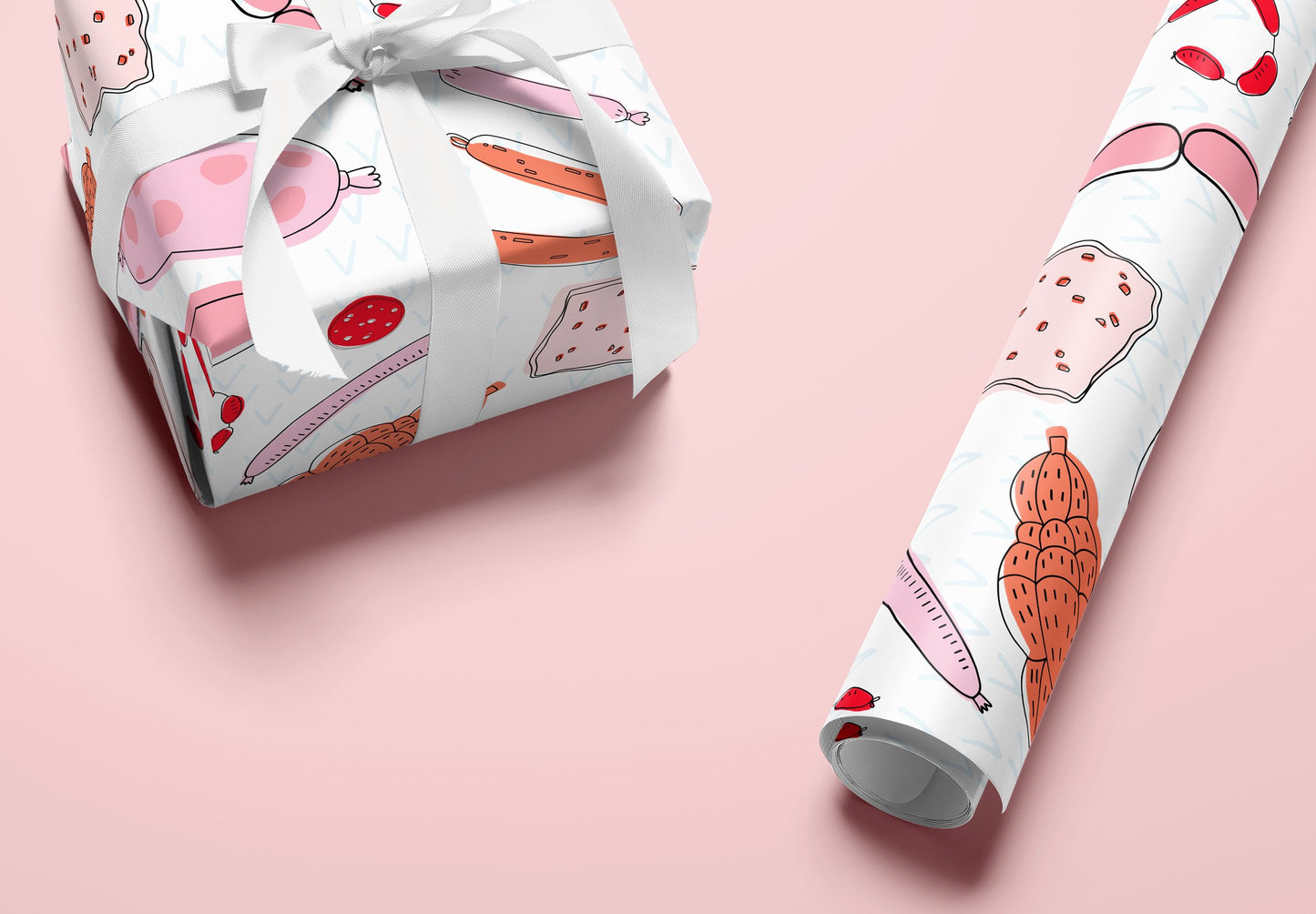 luxe gift wrap sheets with meat illustrations
