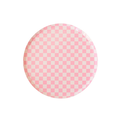 pink checkered dessert plate on white background