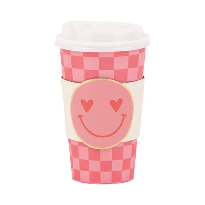 Checker Smiley Face To Go Cups with lids and sleeves, playful drinkware. Sold in Toronto and ships Canada wide.