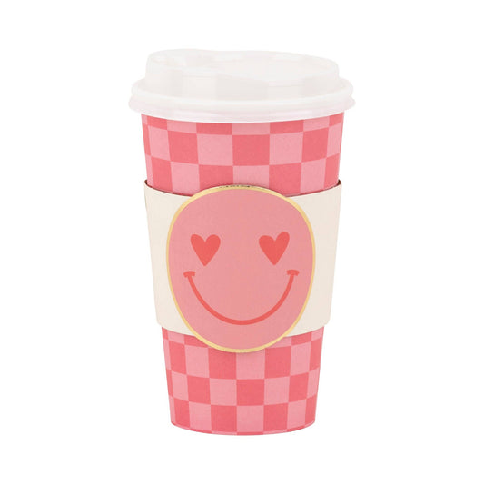 Checker Smiley Face To Go Cups with lids and sleeves, playful drinkware. Sold in Toronto and ships Canada wide.
