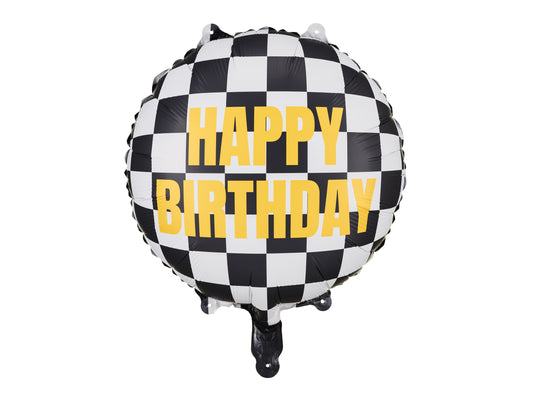 Checkered Happy Birthday foil balloon with yellow lettering, available in Toronto at Confetti My Party. Ships across Canada.