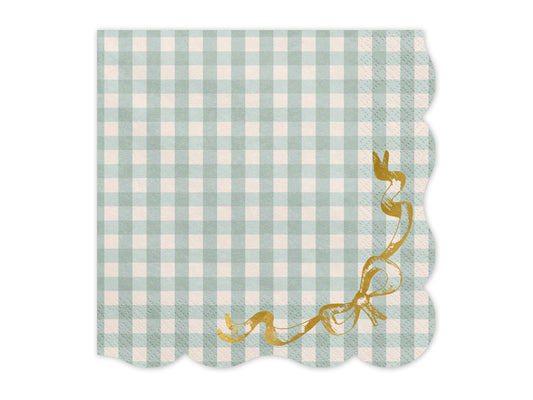 Green checkered paper napkin with shiny gold bow, perfect for Tea parties, birthdays and elegant parties. Sold in Toronto at Confetti my Party.