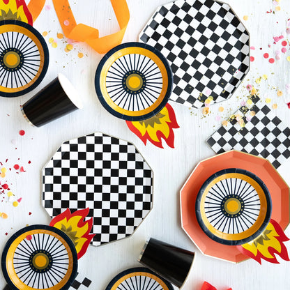 Race car themed party table with checkerboard plates and colourful party decor, available in Toronto and shipping across Canada