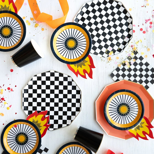 Race car themed party table with checkerboard plates and colourful party decor, available in Toronto and shipping across Canada