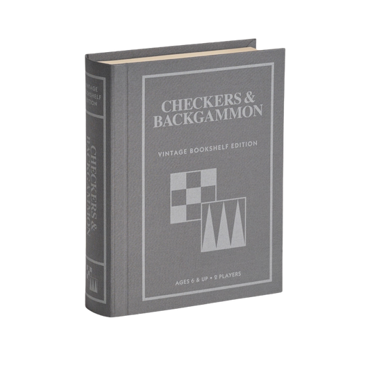 Checkers & Backgammon Vintage Bookshelf Edition in a linen-wrapped book case, available in Toronto and shipping across Canada.