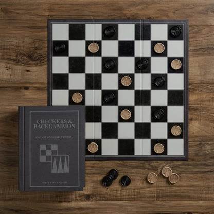 Checkers and backgammon board with pieces on a wooden surface