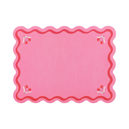 Pink scalloped cherries placemat sold in Toronto at Confetti My Party for playful and modern party tables
