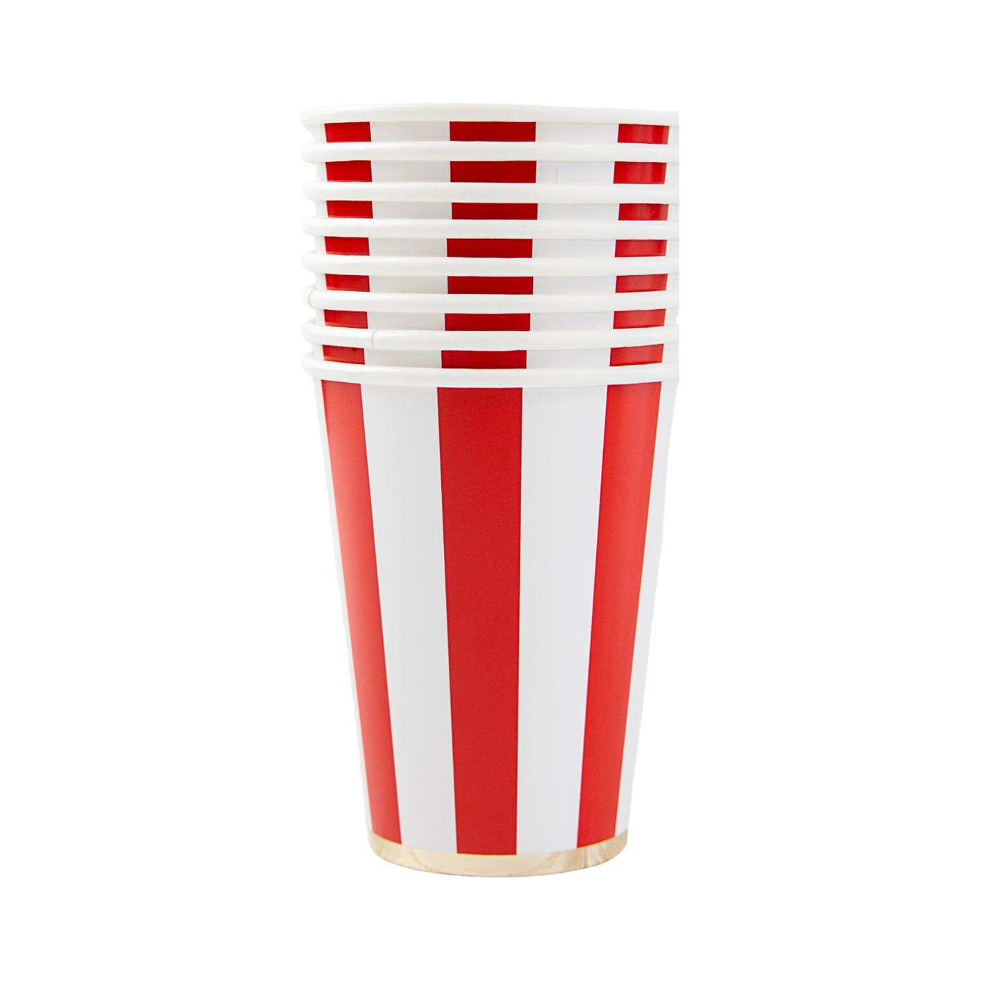 Cherry red cabana stripe paper cups stacked together, sold at Confetti My Party in Toronto