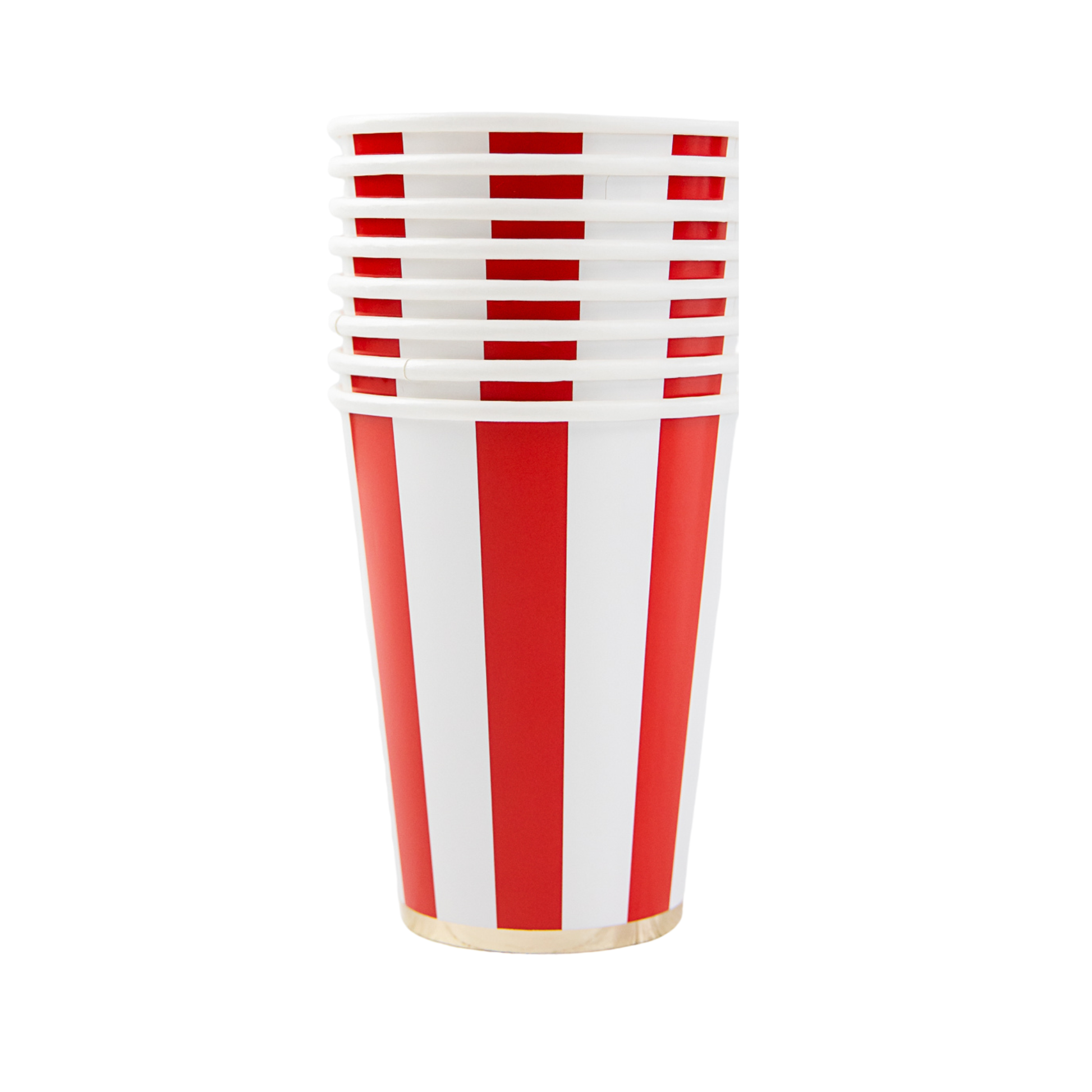 Cherry red cabana stripe paper cups stacked together, sold at Confetti My Party in Toronto