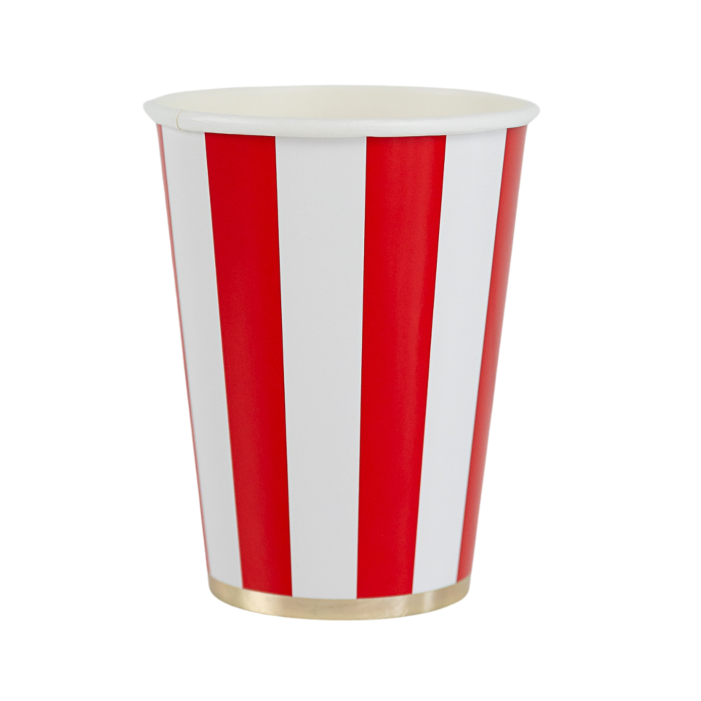 Single cherry red cabana stripe party cup with gold foil base, available at Confetti My Party Toronto
