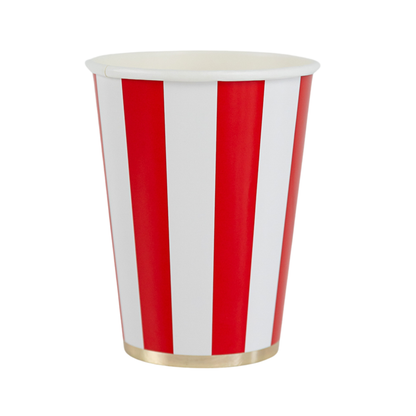 Single cherry red cabana stripe party cup with gold foil base, available at Confetti My Party Toronto