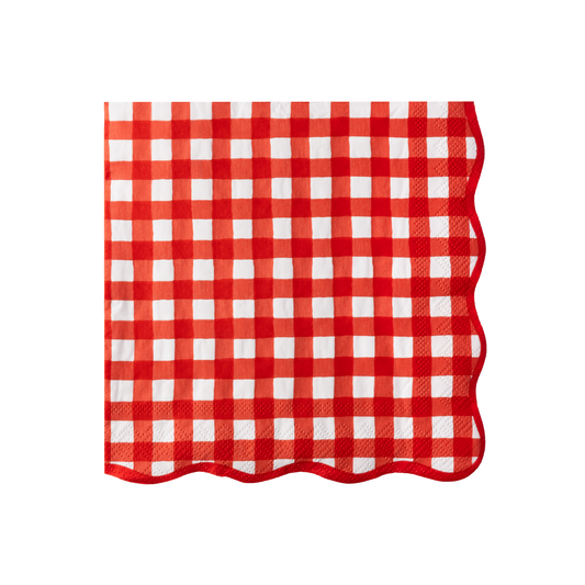 Cherry red gingham napkin with scalloped edge, sold at Confetti My Party in Toronto.