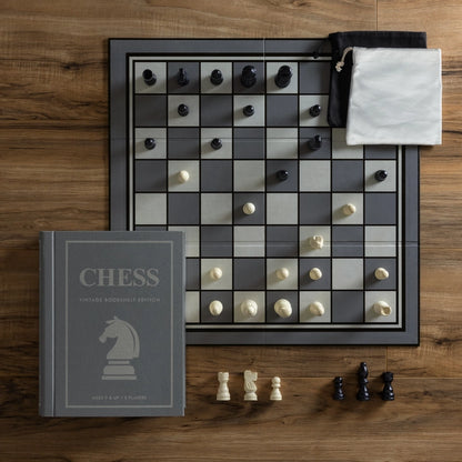 Chess Vintage Bookshelf Edition with wooden chess pieces, board and linen case, styled for Toronto game nights. Sold at Confetti My Party and ships Canada wide and USA.