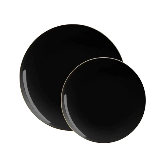 round black and gold plastic dinner plates