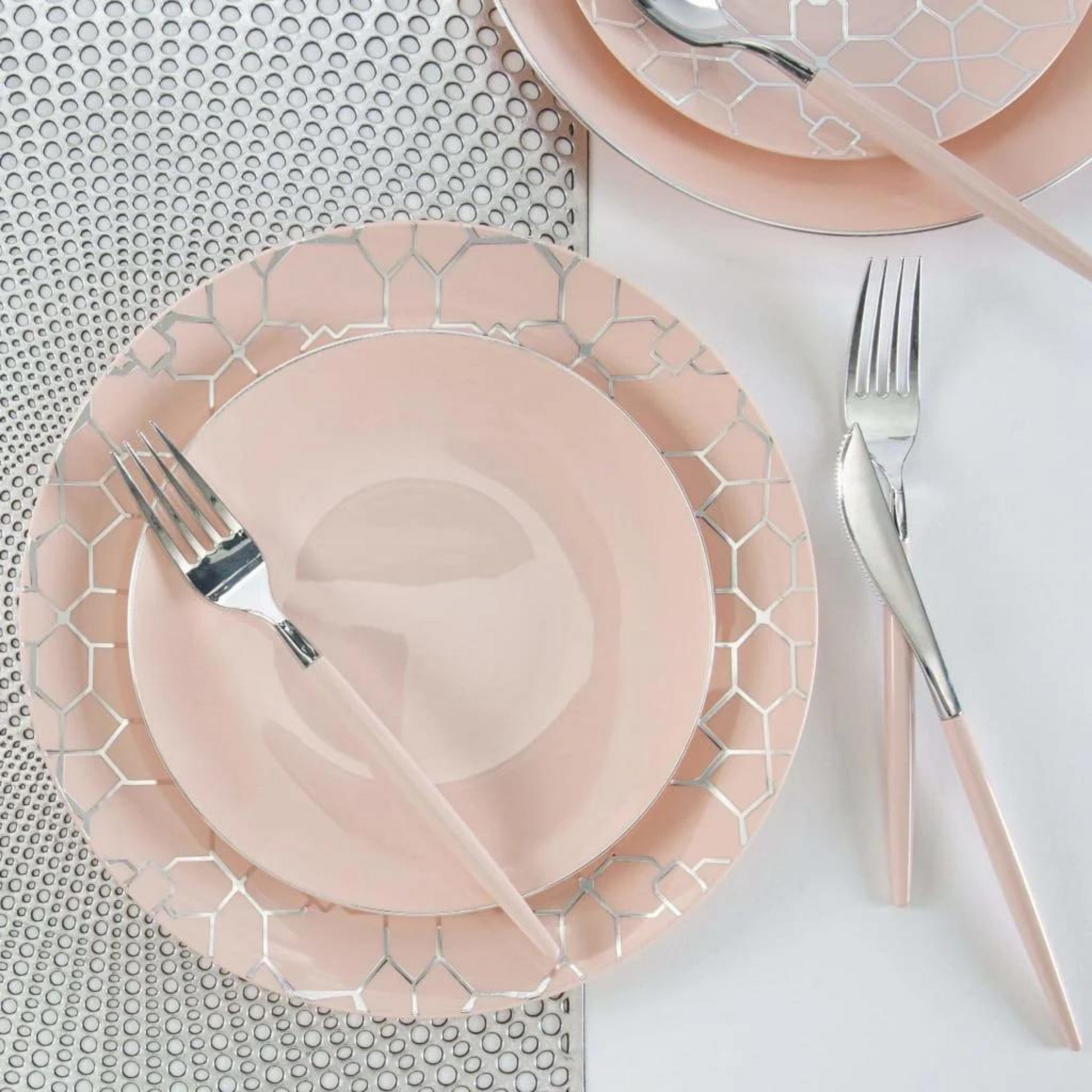 reusable blush and silver dessert plates