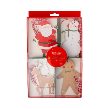 Packaged set of Christmas-themed gift tags featuring Santa, snowman, reindeer, and gingerbread man designs.
