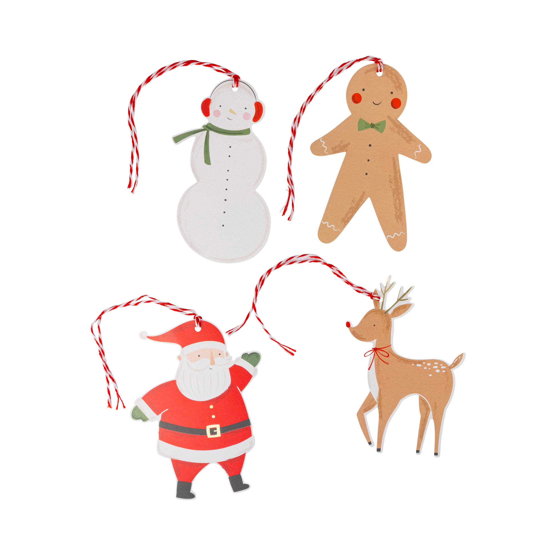 Christmas icons gift tag set with Santa, reindeer, gingerbread, and snowman, perfect for holiday gifts. Set of 16 sold in Toronto at Confetti My Party.
