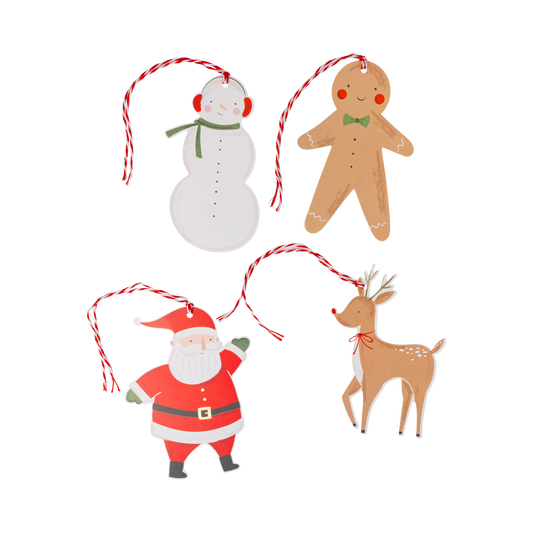 Christmas icons gift tag set with Santa, reindeer, gingerbread, and snowman, perfect for holiday gifts. Set of 16 sold in Toronto at Confetti My Party.