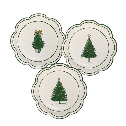 Scalloped white plates with green Christmas tree and gold foil accents, perfect for Toronto holiday gatherings.