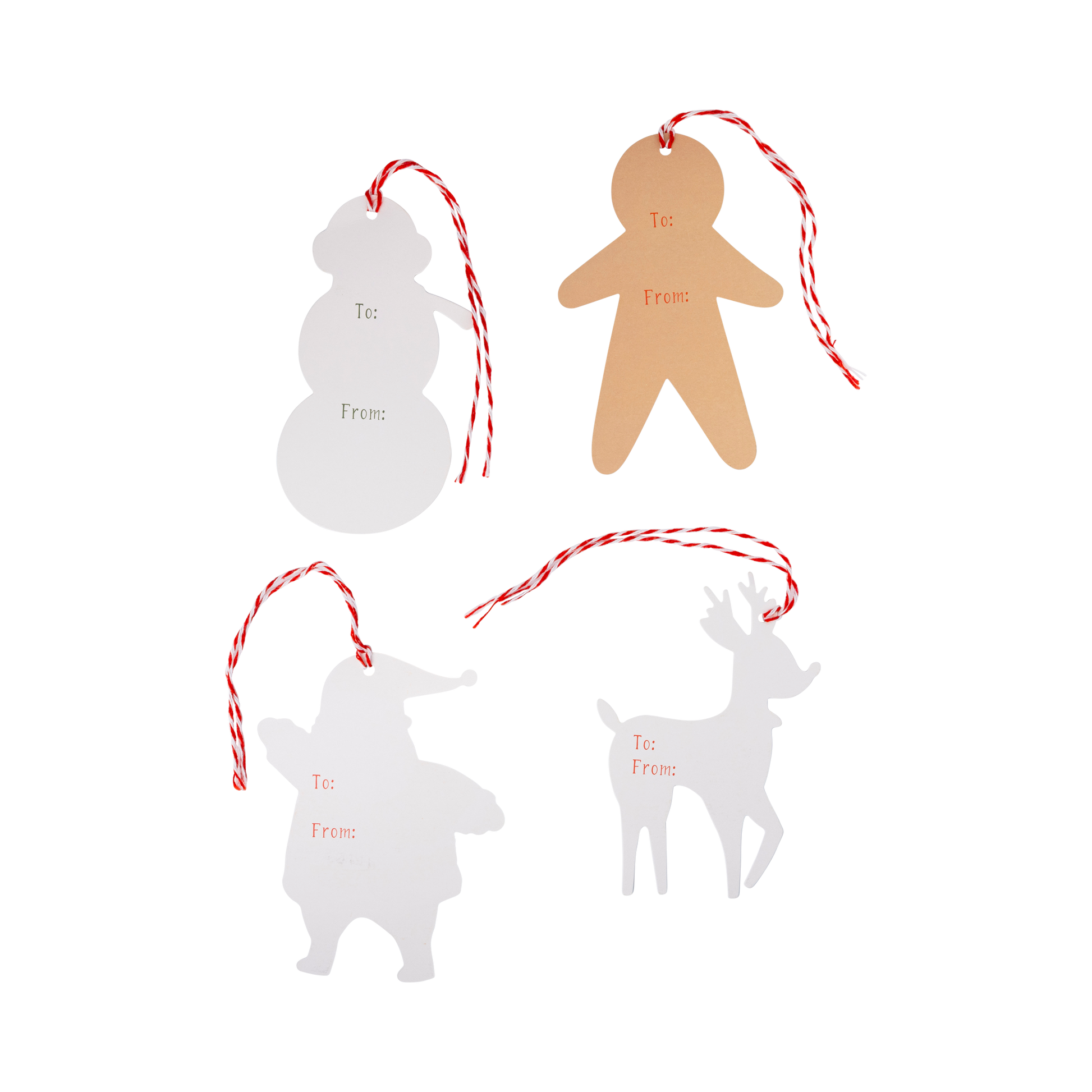 Set of Christmas-themed gift tags shaped like a snowman, gingerbread man, and reindeer on a white background.