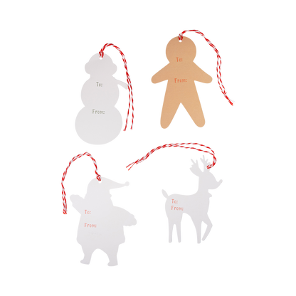 Set of Christmas-themed gift tags shaped like a snowman, gingerbread man, and reindeer on a white background.