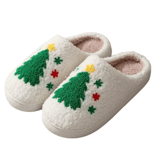 Christmas Tree fuzzy slippers with green tree and star embroidery, shipping across Canada.