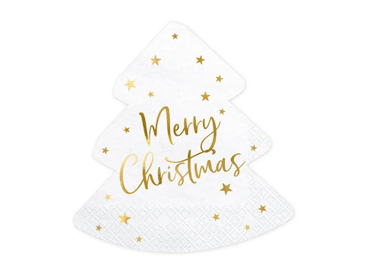 white napkin in shape of christmas tree with gold foil detail and "merry christmas" message