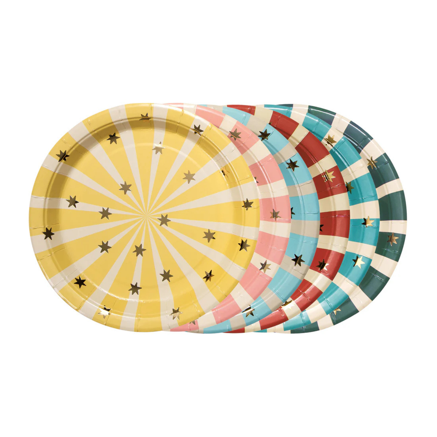 Set of colorful paper plates with star patterns on a white background