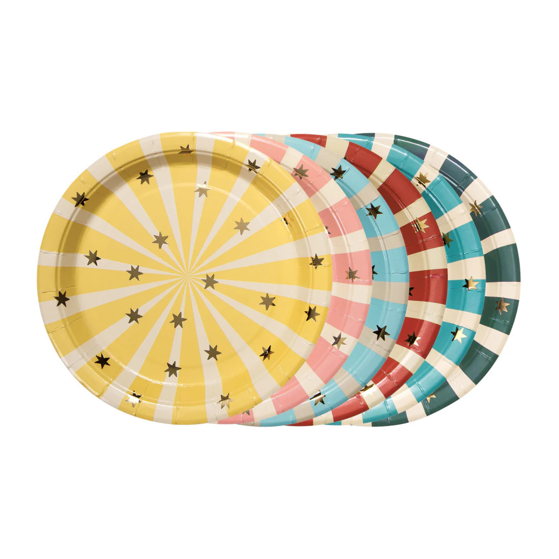 Set of colorful paper plates with star patterns on a white background