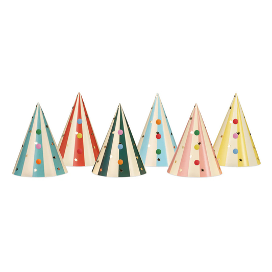 pack of 6 in 6 designs pom pom circus stripe party hats. Sold at confettimyparty in Toronto.