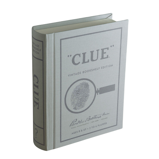 Clue Vintage Bookshelf Edition displayed on a shelf, perfect for game night. Sold in Toronto at Confetti My Party and ships Canada-wide and USA.