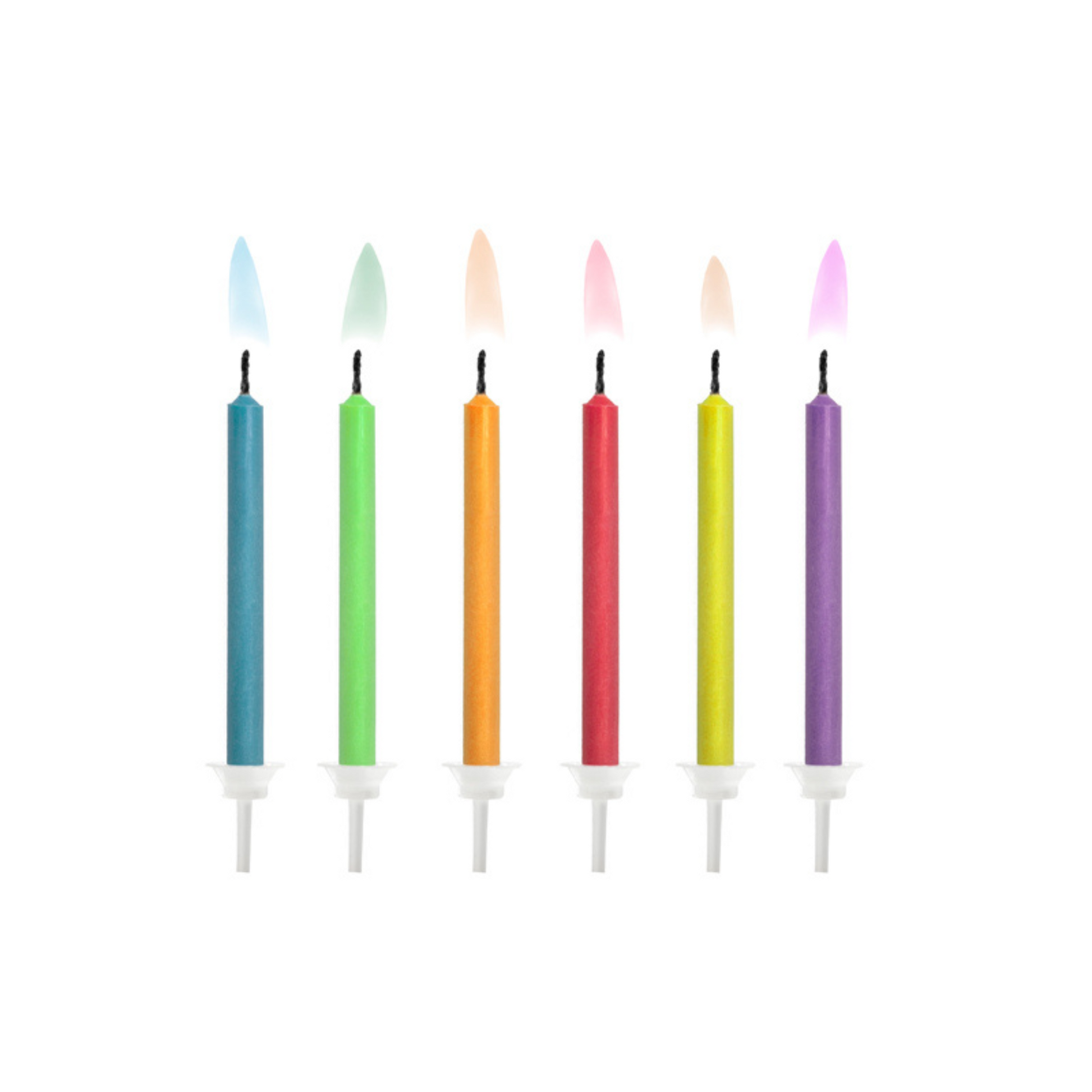 rainbow coloured birthday candles with coloured flames