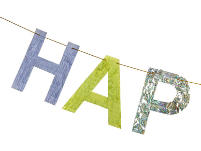 Close-up of colourful Happy Birthday banner letters, fun décor shipping across Canada.