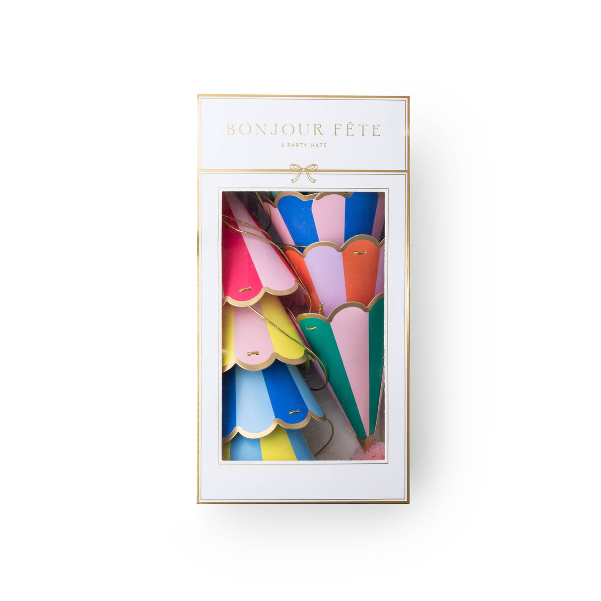 Set of eight colourful striped birthday party hats with pom poms and gold foil scalloped edges