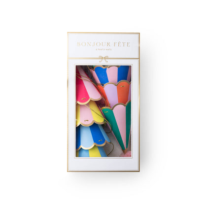 Set of eight colourful striped birthday party hats with pom poms and gold foil scalloped edges