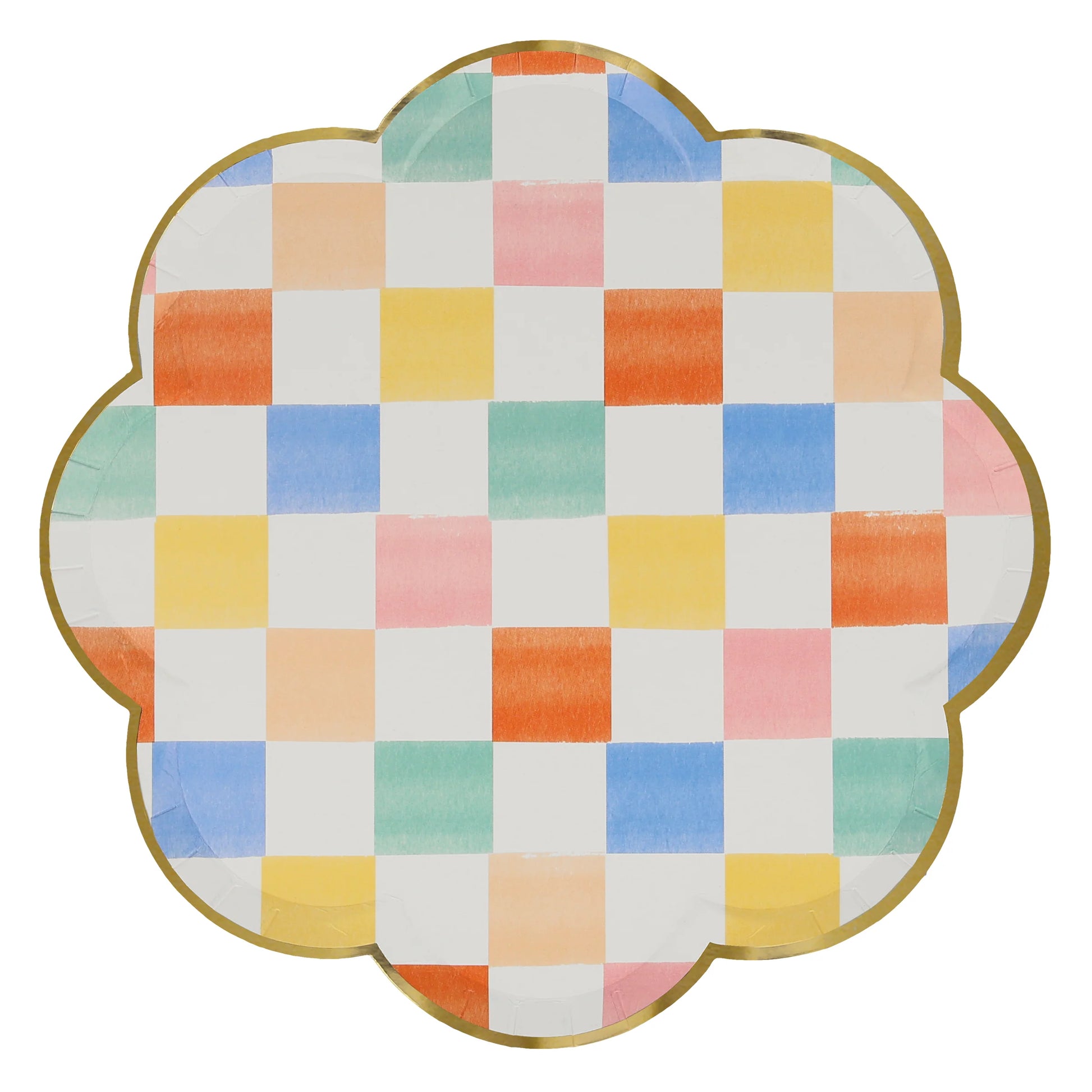 Meri Meri scalloped dinner plate with pastel checkered pattern and gold trim, available at our Toronto party shop