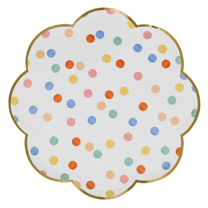 Meri Meri scalloped dinner plate with pastel polka dot pattern and gold trim available in Toronto and shipping across Canada
