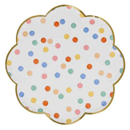 Meri Meri scalloped dinner plate with pastel polka dot pattern and gold trim available in Toronto and shipping across Canada