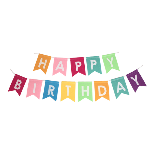 A colorful 'HAPPY BIRTHDAY' banner made of small triangular flags in assorted pastel and bright colors, with white letters, shown on a plain white background.
