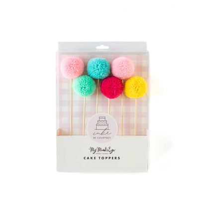 Set of six colourful fluffy pom pom cake toppers on wooden picks in pink, turquoise, mint, hot pink and yellow. Pick up in Toronto + Canada-wide shipping available.