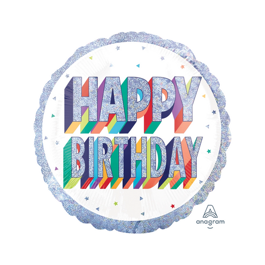 Round foil balloon with glittery silver letters and colourful 3D shadow reading ‘Happy Birthday,’ perfect for parties, available in Toronto and shipping across Canada.