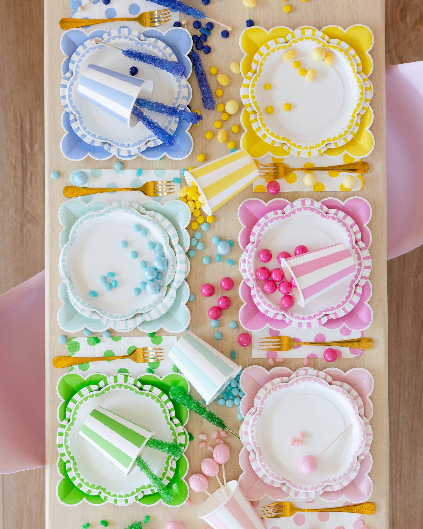 Colourful scalloped paper plates in aqua, blue, pink, yellow and green for birthday party table
